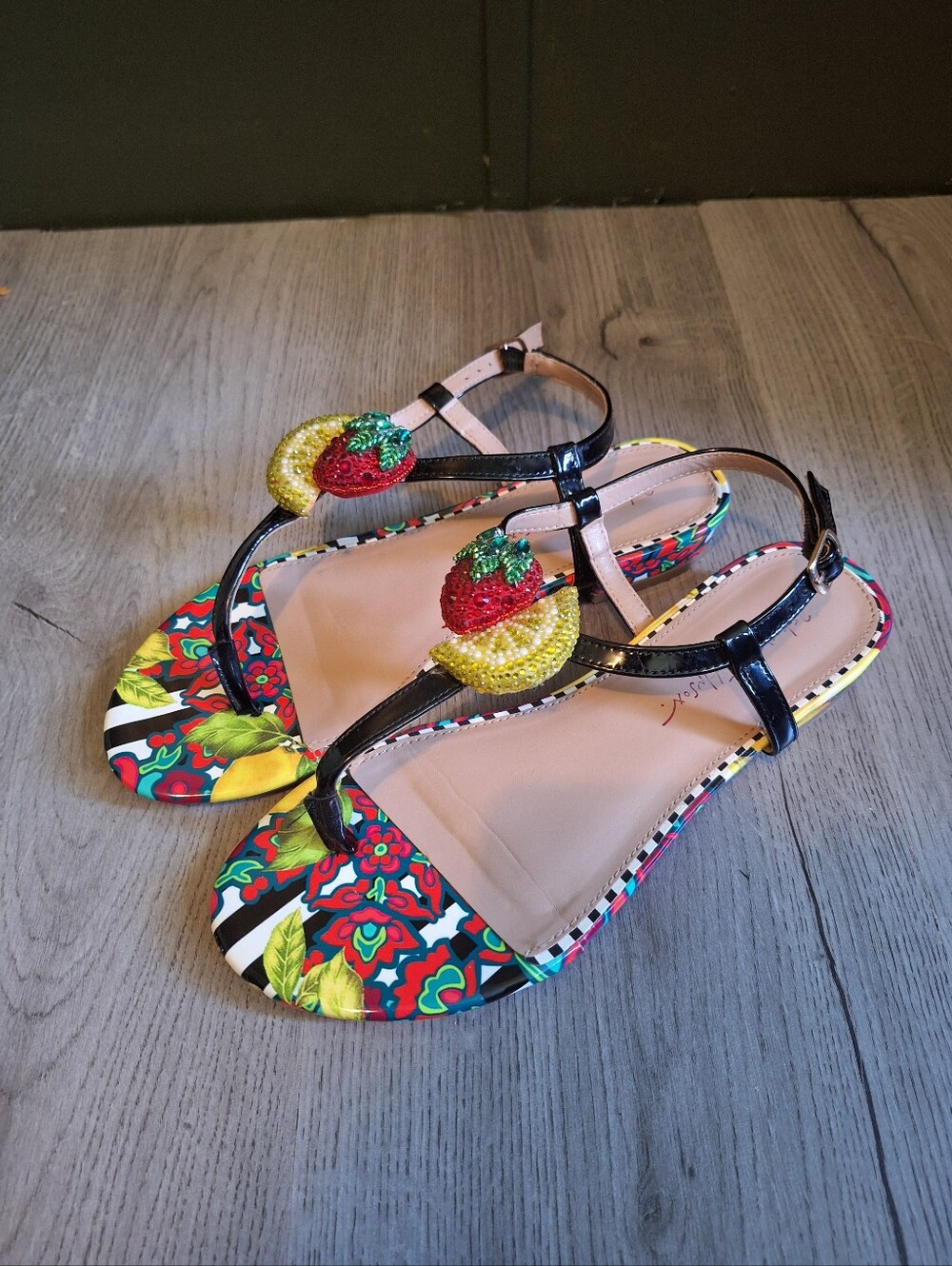 Betsy Johnson Black Strappy Floral Beaded Strawberry Flat Sandals